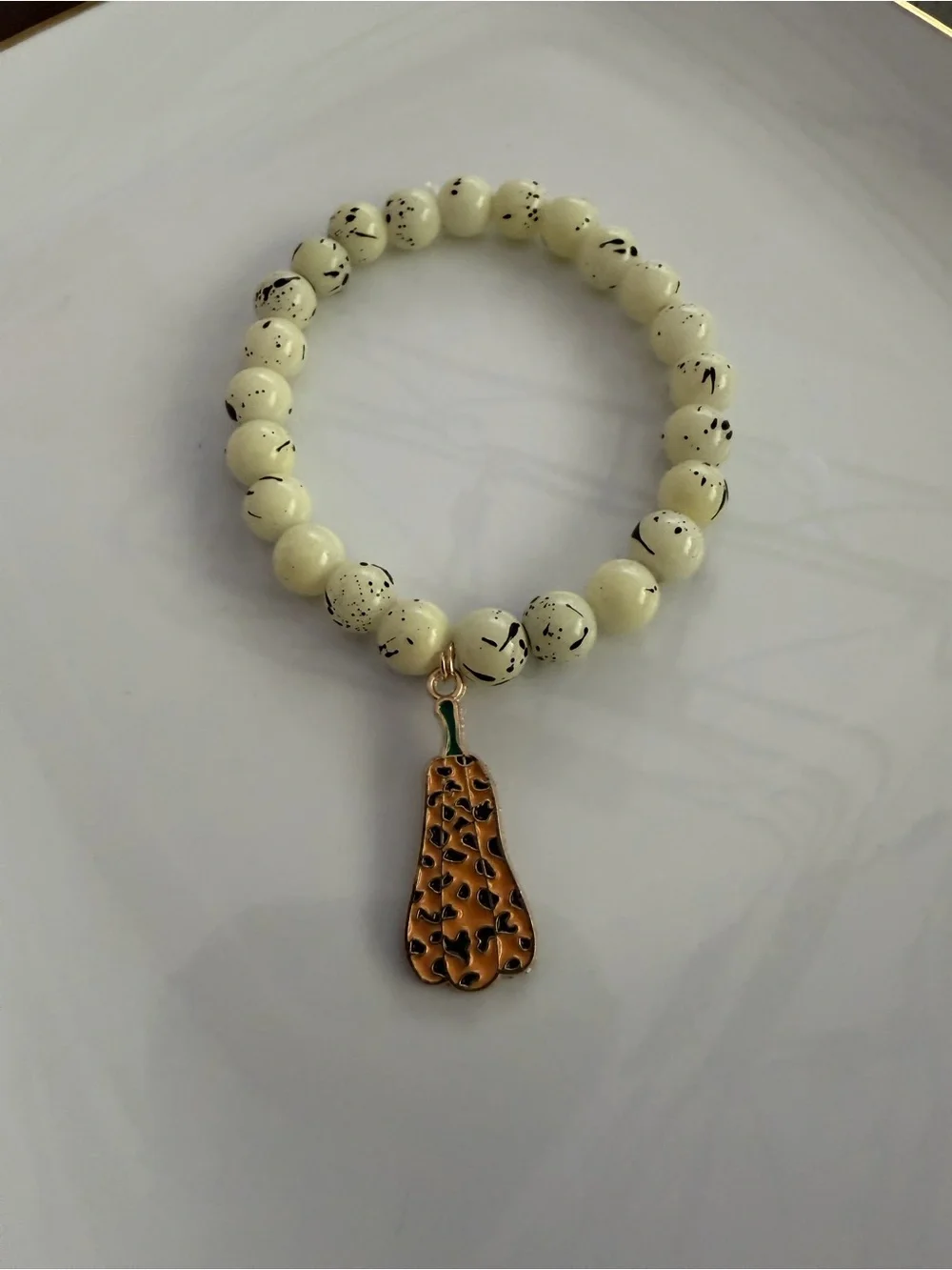 Spotted Pumpkin Charm Handmade Cream Beaded Bracelet